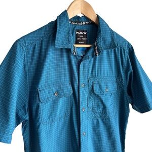 Kavu Short Sleeve Button Down Shirt Mens M Blue Plaid 100% Nylon Outdoor EUC